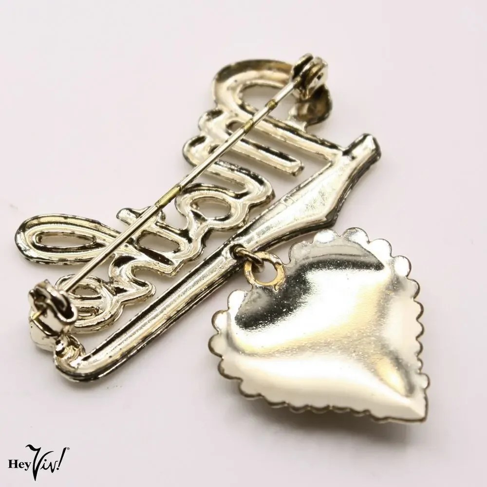 Vintage Mother Script Pin w Dangling Heart Charm Hand Painted Flowers - Hey Viv